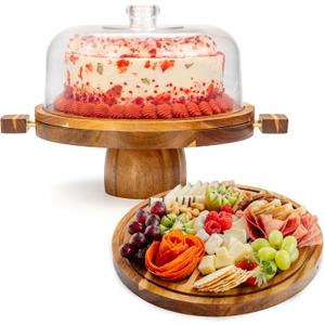 Acacia Wood Cake Stand with Lid  3-in-1 Split Design, Magnetic Base with Detachable Handles & Acrylic Cake Stand Dome Cover  Charcuterie Board, Serving Platter for Cakes, Cheese & More (11)