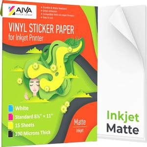 Printable Vinyl Sticker Paper for Inkjet Printer - Matte White - 15 Self-Adhesive Sheets - Waterproof Decal Paper - Standard Letter Size 8.5"x11" (15 Sheets)