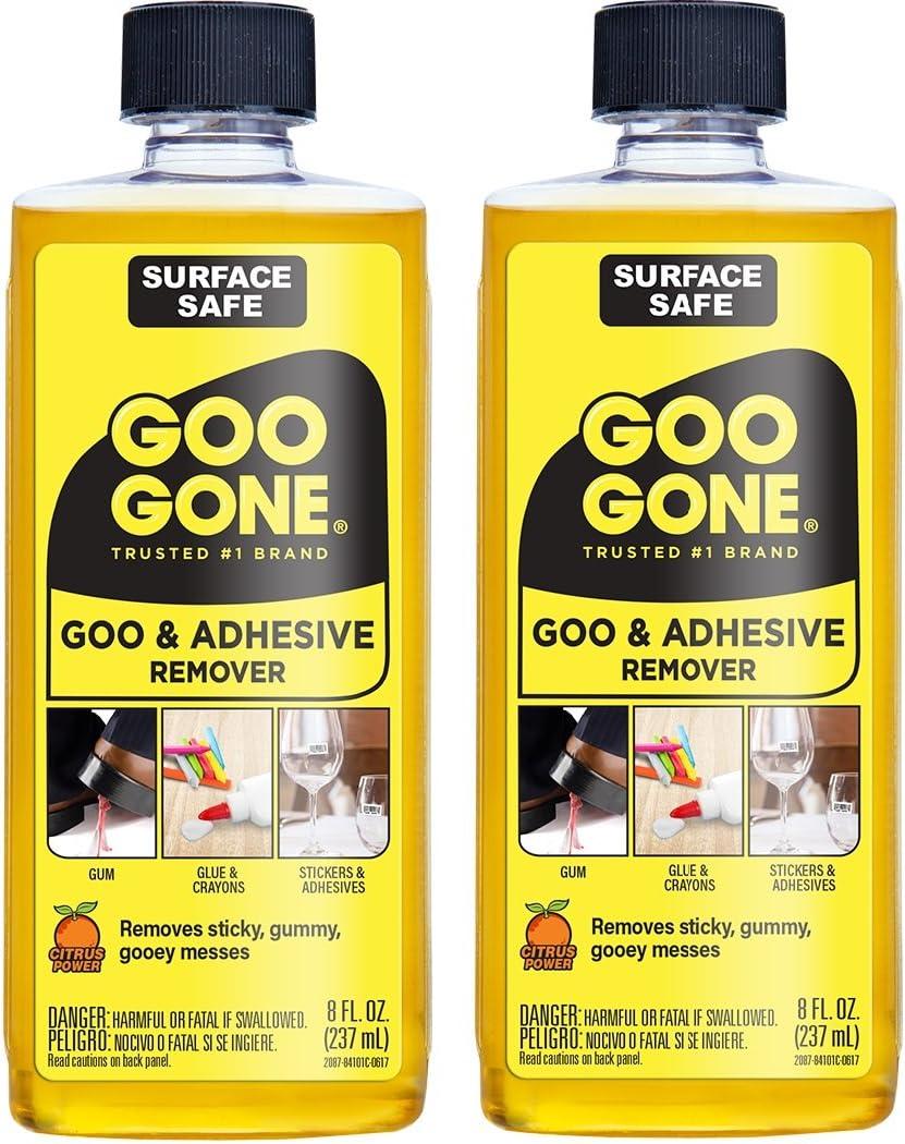 Goo Gone Adhesive Remover - 2 Pack - 8 Ounce - Surface Safe Adhesive Remover Safely Removes Stickers Labels Decals Residue Tape Chewing Gum Grease Tar Crayon Glue (8 Fl Oz (Pack of 2))