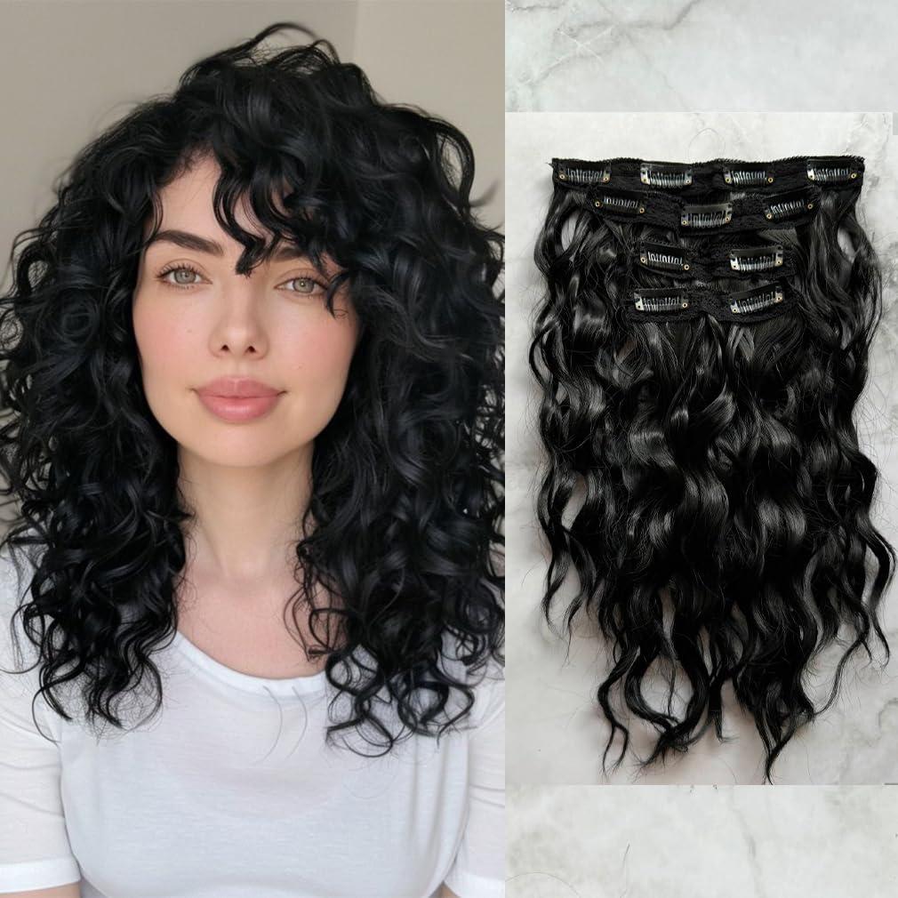 4PCS Clip in Hair Extensions 12" Short Curly Wavy Hair Pieces Black Hair Extensions Invisible Lace Weft Natural Soft Hairpieces for Women (1B)
