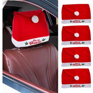 5pcs Christmas Car Decoration Comfort Santa Hat Car Seat Headrest Covers, Interior Xmas Car Accessories fits Most Vehicle for Christmas New Year Festival Holiday Party