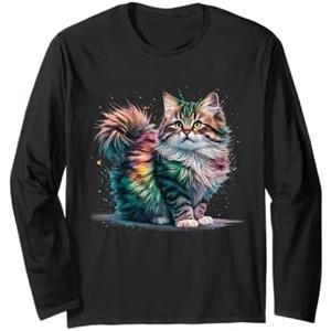 Cat Men Women Colourful Watercolour Cat Long Sleeve T-Shirt size L