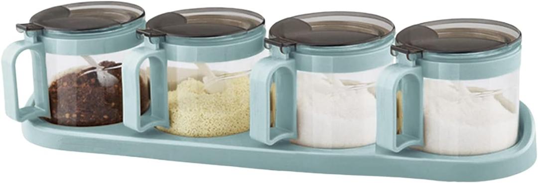 TENTA TENTA KITCHEN Gourmet Seasoning Box with Serving Spoons, Spice Jar Set Condiment Cruet Bottle, Kitchen Supplies,Nice Design for Kitchen (glass) (Green), 4 Pcs