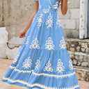 PRETTYGARDEN Womens 2026 Summer Casual V Neck Boho Maxi Dress Flowy Aline Bell Sleeve Tiered Floral Dresses with Pocket (Blue, L)