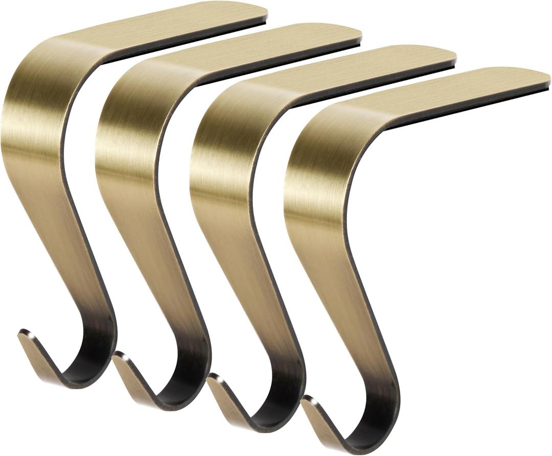 Palonu Christmas Stocking Holders Mantel Stcoking Hangers Metal Hanging Hooks Ornament Hooks Fireplace Hanger Grip for Christmas Decorations (4, Bronze)