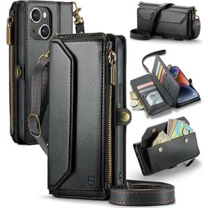 Wallet Case Compatible with iPhone 13 RFID Blocking 7-Card Holder Soft PU Leather Magnetic Snap Shoulder Strap Zipper Pocket Phone Case Fit for iPhone 13 for Women 6.1" - Black