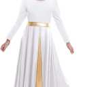Girls Long Sleeve Praise Dance Dress Swing Skirt Liturgical Worship Costume Church Robe Dancewear (White) 7-8 Years