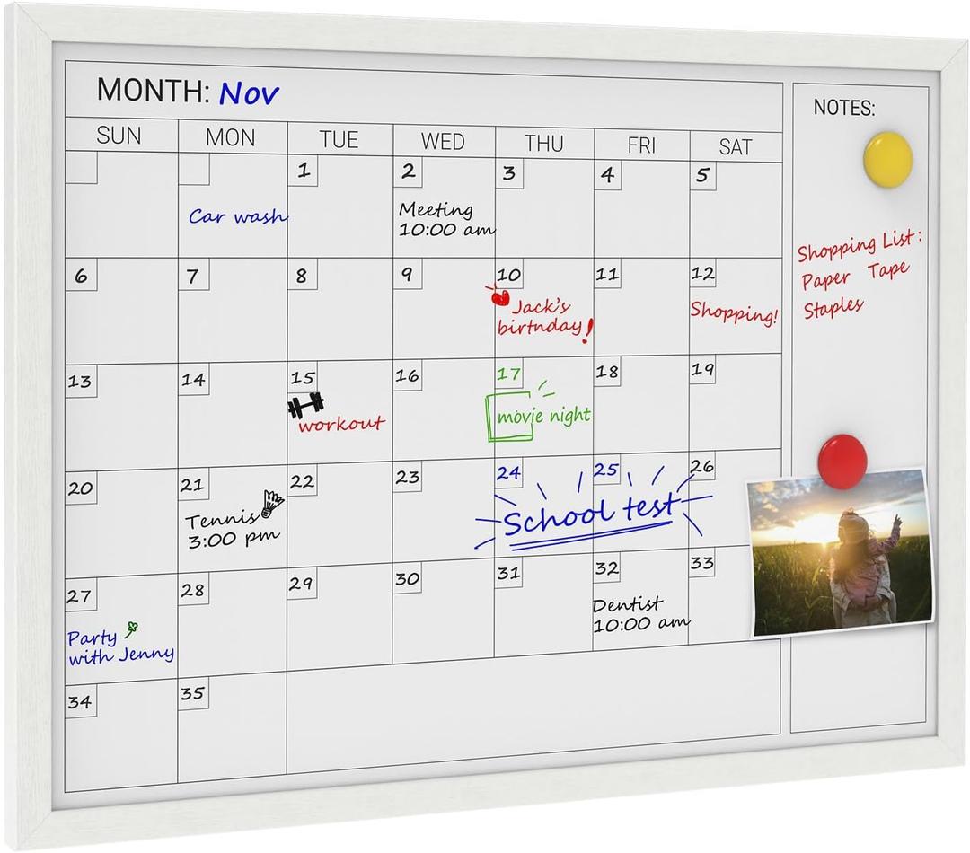 Comix Dry Erase Calendar for Wall, Magnetic Calendar Whiteboard with White Wood Frame, 24 * 18 inches Decorative Planner Board for Office, Kitchen, School, Home