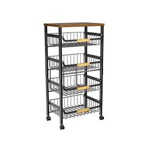 5Tier Rolling Utility Cart, Kitchen Storage Cart with Wheels, Large Capacity Utility Cart with Wooden Tabletop & Mesh Baskets for Kitchen, Bathroom, Laundry Room