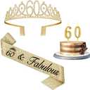 60th Birthday Decorations for Women Gold with Sash and Tiara, Gold Number Candles, 60th Birthday Gifts for Women