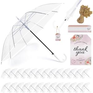 30 Pack Clear Umbrella Wedding, Auto Open Transparent Stick Umbrella with White J Hook Handle, Windproof Waterproof Large Canopy Umbrella for Bride Groom Photography Golf Outdoor Events