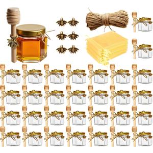 Adabocute Honey Pot, Mini Glass Honey Jars with Wood Dipper, Gold Lid, Bee Charms, Gold Organza Bags, Thank-you Tags, Ideal for Baby Showers Wedding Favors Party Favors, 2oz 30 Pack