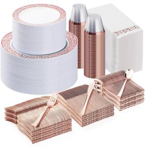 Bestluck 700PCS Rose Gold Plastic Dinnerware Set for 100 Guests, Disposable Plates for Party, Wedding, Includes 100 Rose Dinner Plates, 100 Dessert Plates, 100 Sets of Silverware, 100 Cups, 100 Napkins