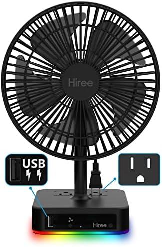 Hiree Desk Fan with USB Charging Port, 6.7 Inch 2 Speeds Small Desktop Table Fan with USB Charger, AC Outlet and LED Light, Strong Wind, Quiet Operation - Suitable for Bedroom, Home, Dorm Room
