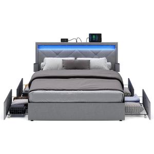 VASAGLE LED Bed Frame Queen Size, Queen Bed with Headboard and 4 Drawers, 1 USB Port and 1 Type C Port, Adjustable Upholstered Headboard 36.7/39.3 Inches, No Box Spring Needed, Light Gray URMB821G01