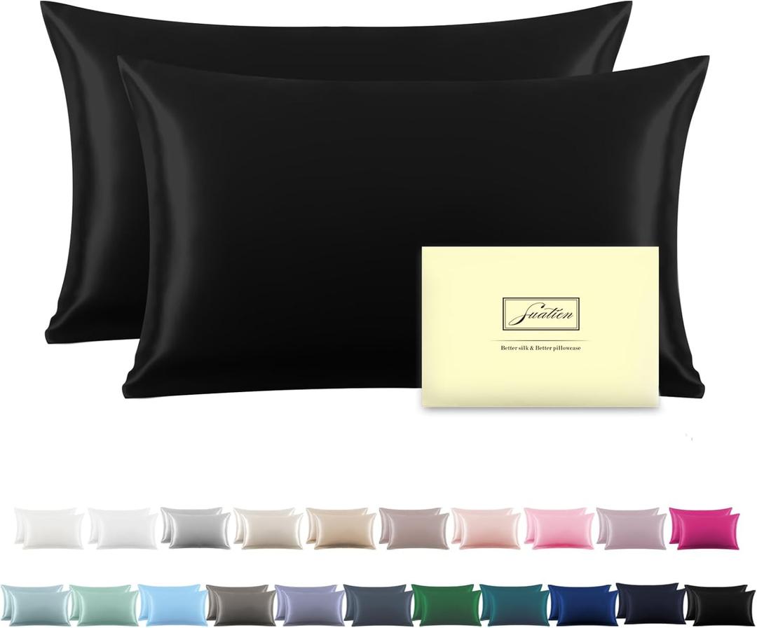 Silk Pillowcase for Hair and Skin,Soft,Breathable and Sliky 100% Queen Silk Pillow Case Set of 2,Both Sides Natural Mulberry Silk Pillowcases with Hidden Zipper(Queen Size 20"X 30",2pcs) (Black-2 Pack)