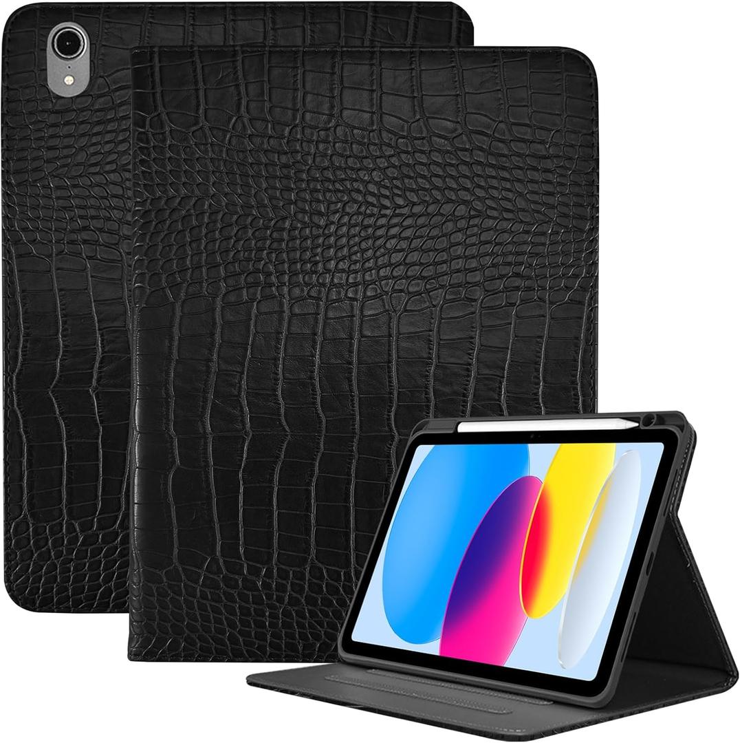 Premium Leather Compatible with iPad (A16) 11th Generation 11 Inch Case 2025,Compatible with iPad 10th Generation 10.9 Inch Case 2022,Pencil Holder Folio Crocodile Retro Women Girls-Black