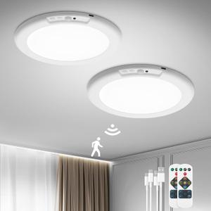 Bojim Rechargeable Ceiling Lights with Remote Wireless Battery Operated Motion Sensor Waterproof Shower Lighting, 3CCT & Dimmable Stick On Closet Overhead for Pantry Porch Renter Friendly 2 Pack (3CCT-Round-White)