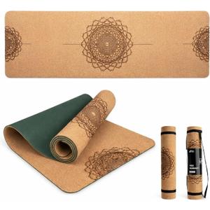 Workout Mat with Carrying Strap - 6mm Thick Cork Yoga Mat (72 x 24) - Non-Slip Cork Mat for Home, Gym, Fitness & Hot Yoga - Lightweight, Cushioned, Durable & Sweat-Resistant by Fitby