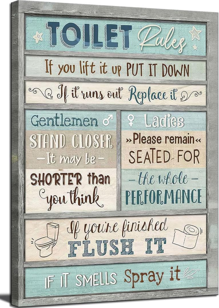 Funny Bathroom Rules Wall Art. Blue Country Farmhouse Bathroom Painting Picture Wall Decor. Toilet Civilization Slogan Poster Print Artwork. for Bedroom Toilet Home Decoration (16"L x 12"W)