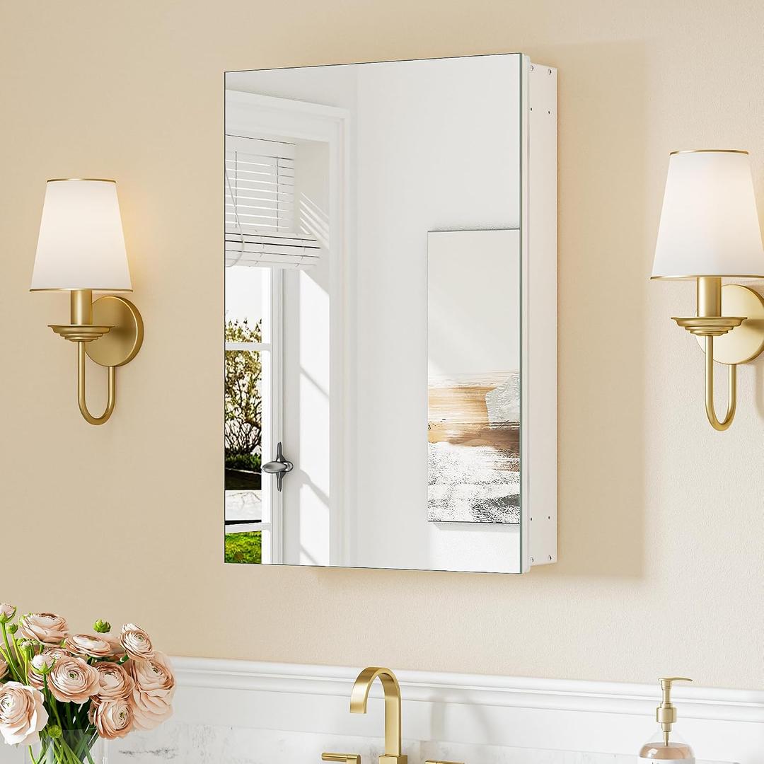 Keonjinn 16 x 24 Inch White Medicine Cabinet Mirror, Assembly Required, Modern Medicine Cabinets for Bathroom, Lightweight, Adjustable Shelves, HD Tempered Glass, Recessed or Surface Mount