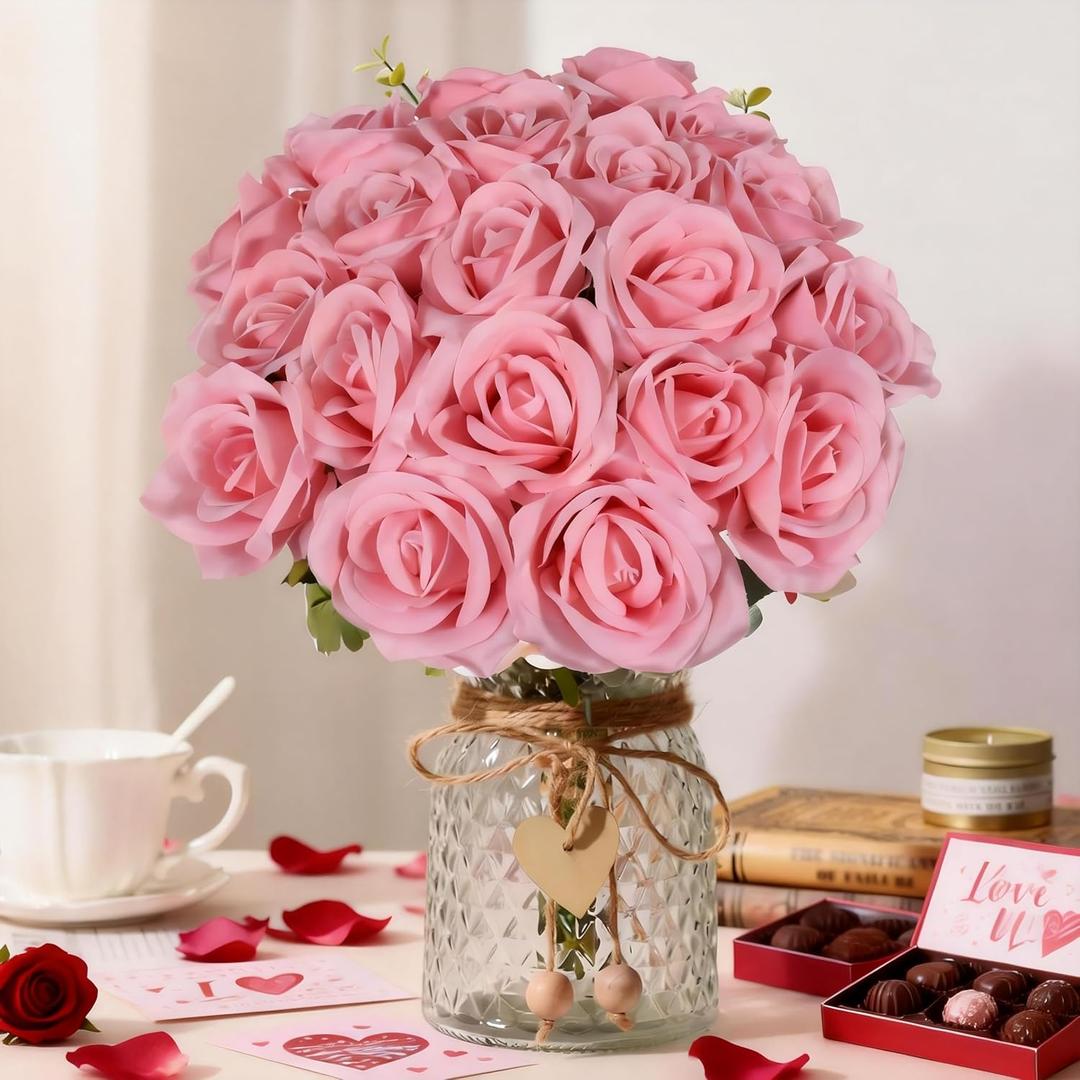 20PCS Artificial Roses with Long Stems - Realistic Silk Flowers, Fake Roses Real Touch Bouquet of Roses for Valentine's Day, Home Decor, Bridal Wedding Party, Bulk Faux Rose Flowers (Pink)