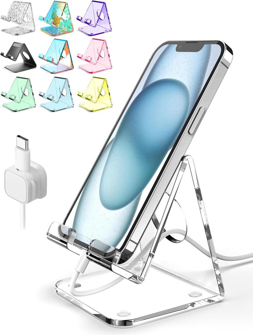 Acrylic Cell Phone Stand, Clear Phone Holder for Office Desk, Vanity, Kitchen, Bedside Table, Compatible with iPhone 17/Smartphones/iPad/Switch/Kindle, Office Desk Accessories