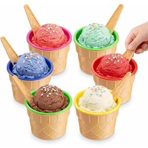 JoyServe Ice Cream Bowls and Spoons Set - (Pack of 6) Reusable Plastic Ice Cream Cups and Waffle Cone Shaped Spoons for Dessert, Frozen Yogurt, Gelato, Birthday Party Decorations