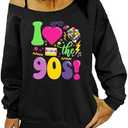 AMWIPE 90s Outfit for Women Sexy Off The Shoulder Sweatshirt I Love The 90's Shirt Oversized Long Sleeve Pullover Top XL