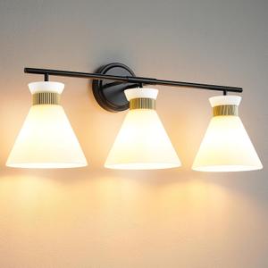 WOSHITU Bathroom Vanity Light Fixtures: 3 Lights Modern Bathroom Lighting Fixtures Over Mirror with Frosted Milky Glass Shade, Black and Gold Vanity Lighting Fixtures Wall Sconce for Bath Bedroom