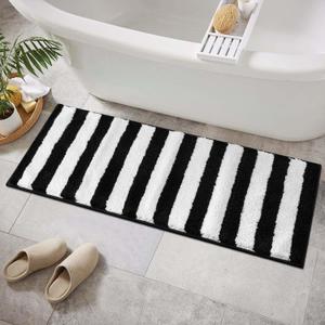 Black and White Striped Runner Rug, Washable Non-Slip Bath Mat for Bathroom Floor, Water Absorbent Long Bath Rugs Geometric Soft Runner Rugs for Bathroom Shower Bathtub Laundry Room, 18"x47" (1'6" x 3'11" (Rectangular))