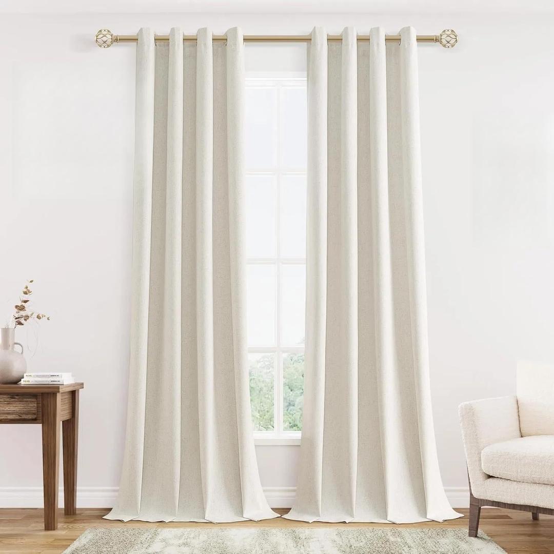 Cream Linen Blackout Curtains 108 Length 2 Panels Set for Living Room Bedroom, 100% Black Out Thermal Insulated Linen Drapes, Room Darkening Grommet Curtains 108 Inches Long Natural Beige