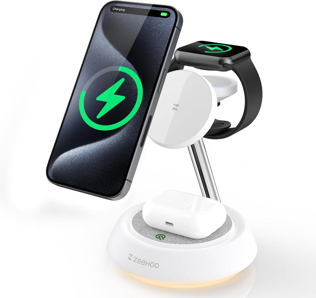 3 in 1 Wireless Charging Station, Wireless Charger Stand with Night Light, Fast Charging for iPhone 15 Pro 14 13 12 Max/Mini/Plus, for Apple Watch 8 7 6 5 4 3 2 SE, for AirPods Pro 3 2 (White)
