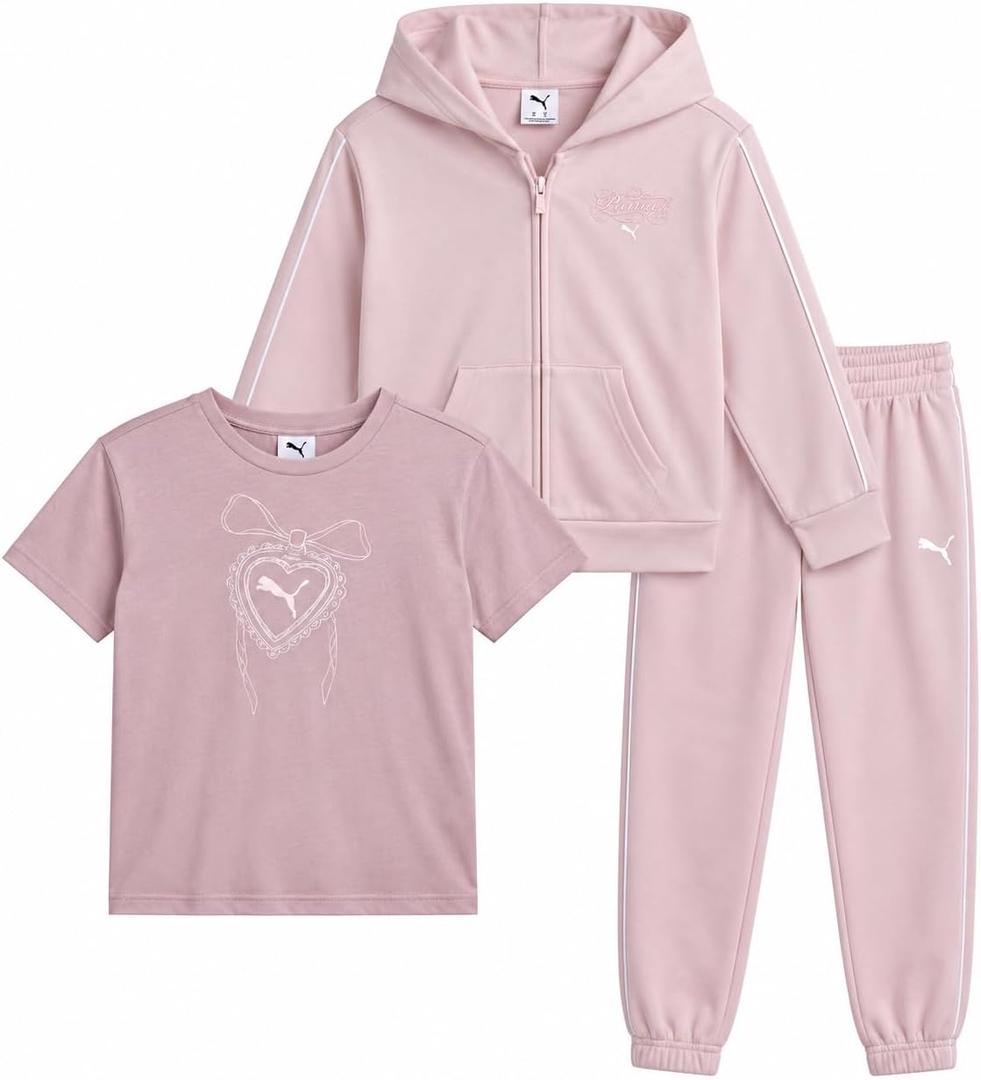 PUMA Girls 3 Piece Tee Zip Fleece Hoodie & Legging Set (Sizes 7-14)