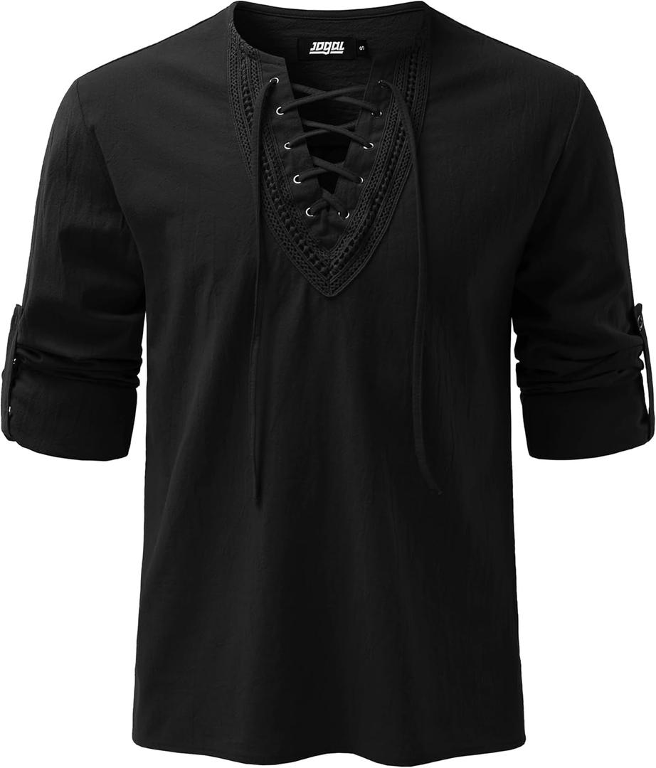 JOGAL Mens Renaissance Shirt Medieval Pirate Viking Halloween Costume Gothic Steampunk Retro Long Sleeve Lace Up Shirts (Black, XXL)