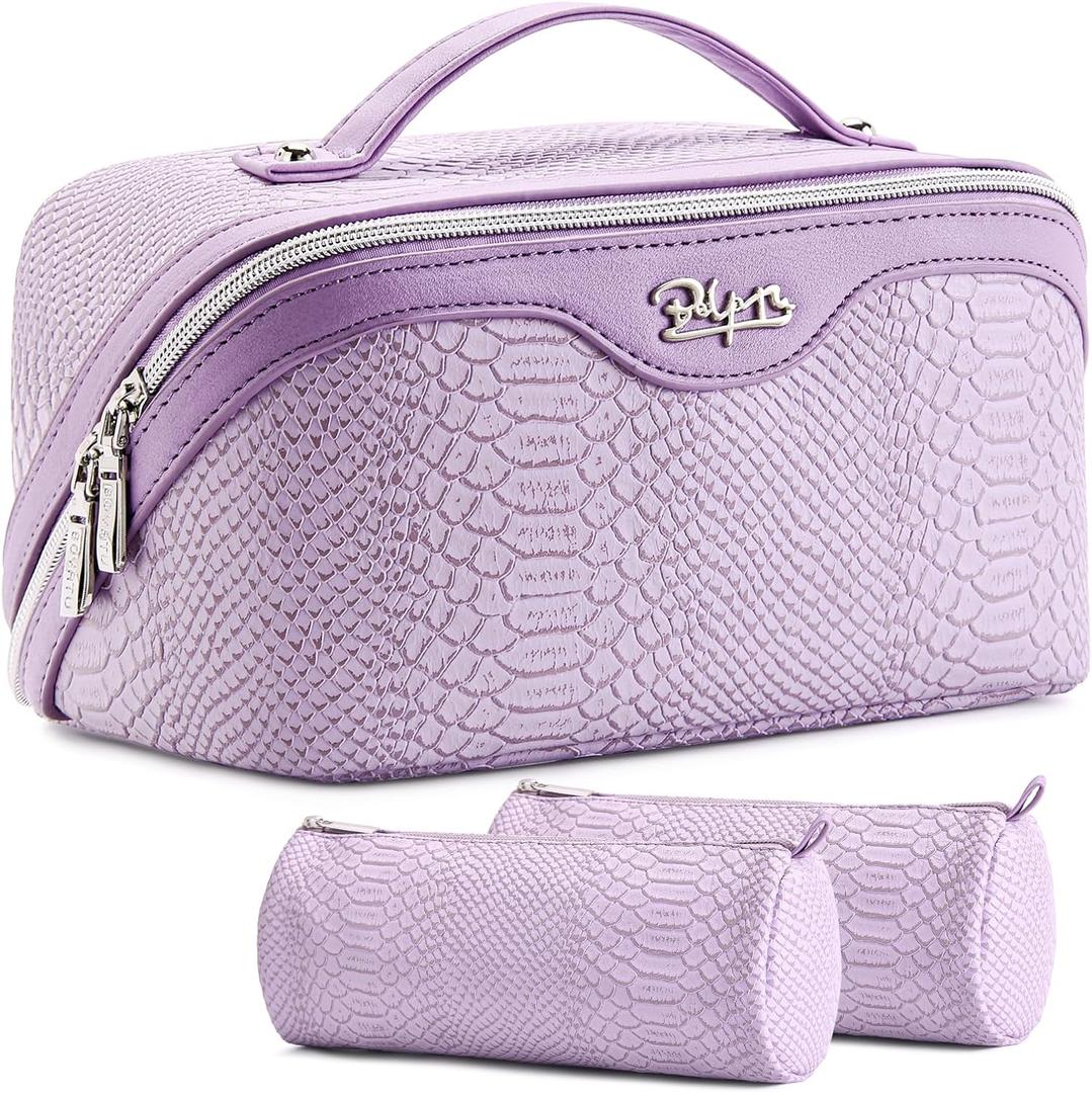 BOYATU Travel Makeup Bags for Women: 3 Pcs Set Wide Open Cosmetic Bag - Portable Make up Bags with Handle - Vegan Leather Toiletry Organizer Bag with Divider (G-01-Purple)