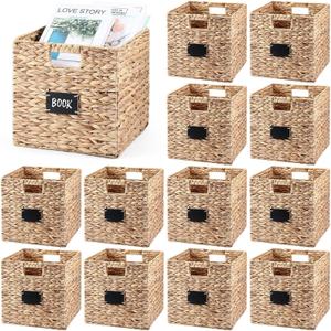 Jinei 12 Pcs Wicker Storage Basket Bulk, 10 x 10 x 10 Inch Handwoven Hyacinth Folding Cube Bin with Handles Labels for Shelves Pantry Laundry Organization