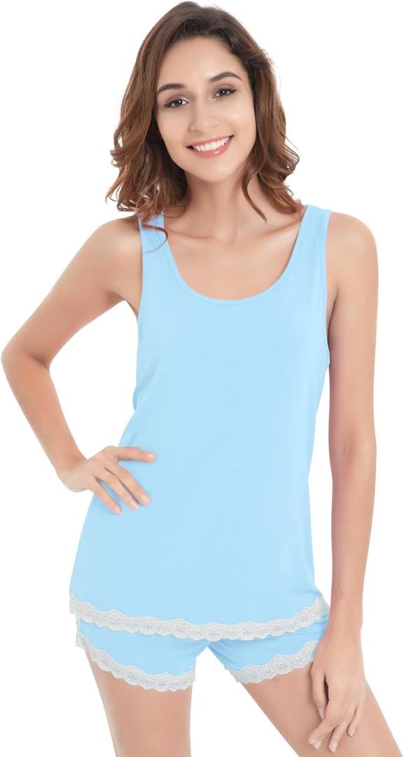 NACHILA Pajamas for Women-Viscose Made from Bamboo,Soft Tank Top Pj Sleeveless Pajama Shorts Set Cooling Sleepwear for Ladies (Blue, L)