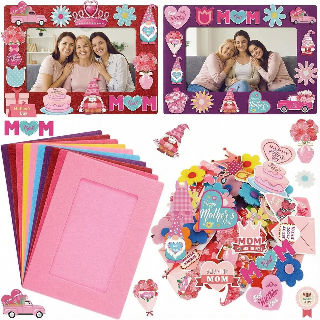 SmoothNovelty 261 Pieces Mother's Day Picture Frame Craft Kits Included 36 Pcs Felt DIY Photo Frame 225 Pcs Mother's Day I Love Mom Stickers Mom Grandma Gift for Birthday, Family Time DIY Activities