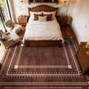 Brown Bordered Rugs for Living Room 8x10, Non-Slip Washable Farmhouse Bedroom Rug, Ultra-Soft Low-Pile Indoor Carpets, Stain-Resistant Vintage Polka Dot Rugs for Dining Room, Office