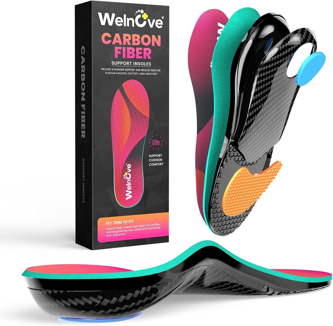 Carbon Fiber Insoles with Arch Support, Achilles Tendonitis Relief Insoles for Men & Women with Extra Heel Cushion for Heel Pain, Plantar Fasciitis Relief - Women 6-6.5|Men 4-4.5-Size XS