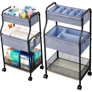 3-Tier Baby Diaper Caddy Organizer and Storage Cart with 4+2 Dividers, Mobile Metal Utility Cart with Rolling Wheels for Nursery Essentials, Large Capacity Rolling Carts for Crib, Bedroom, Bathroom