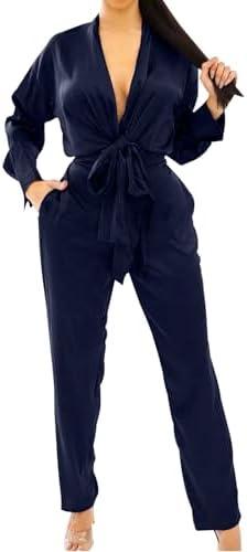 ZonJie Casual jumpsuits for women dressy Elegant Sexy Deep V Neck Long Sleeve Off Shoulder Club Party Wide Leg Long Pants XL