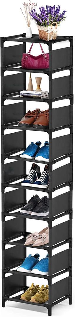 10 Tiers Shoe Rack, Space Saving Shoe Shelf Organizer, Tall Narrow Shoe Rack for Door Entryway, Closet (Black)