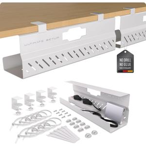 Under Desk Cable Management Tray no Drill  Wire Management - Cord Organizer  Huge Load Capacity  Under Desk Cable Tray no Drill (White, 2 Pieces Set)