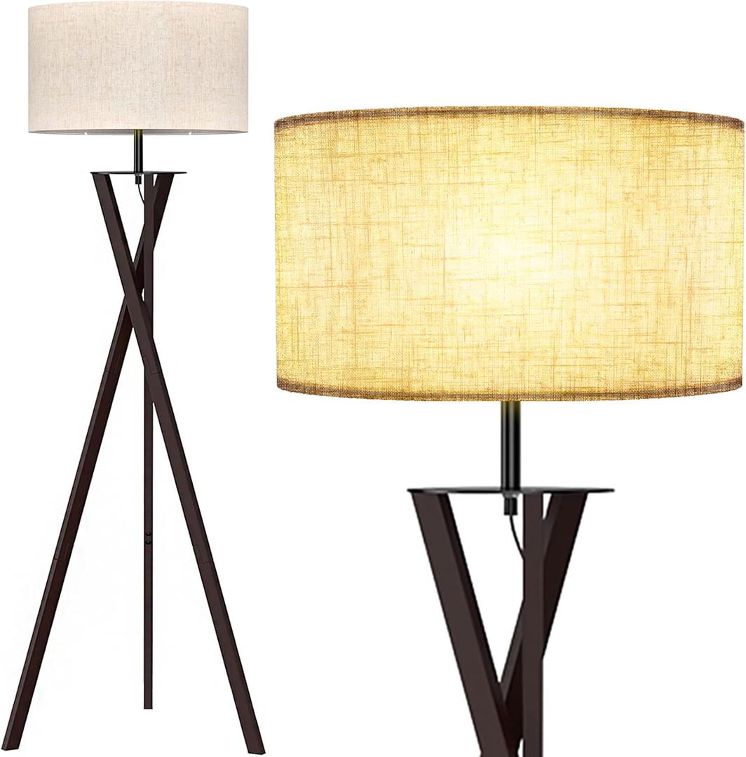 LEPOWER Tripod Floor Lamp, Mid Century Wood Floor Lamps for Living Room, Bedroom and Office, Flaxen Lamp Shade with E26 Lamp Base