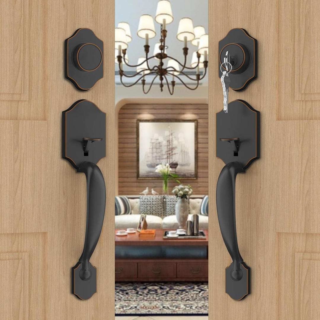 goldenwarm Double Front Door Lock Set, Oil-Rubbed Bronze Double Door Handlewith Dummy, Double Classic Front Door Hardware Set with Reversible Wave Handle Lever, Double Entry Door Lock Set (1 Pack)