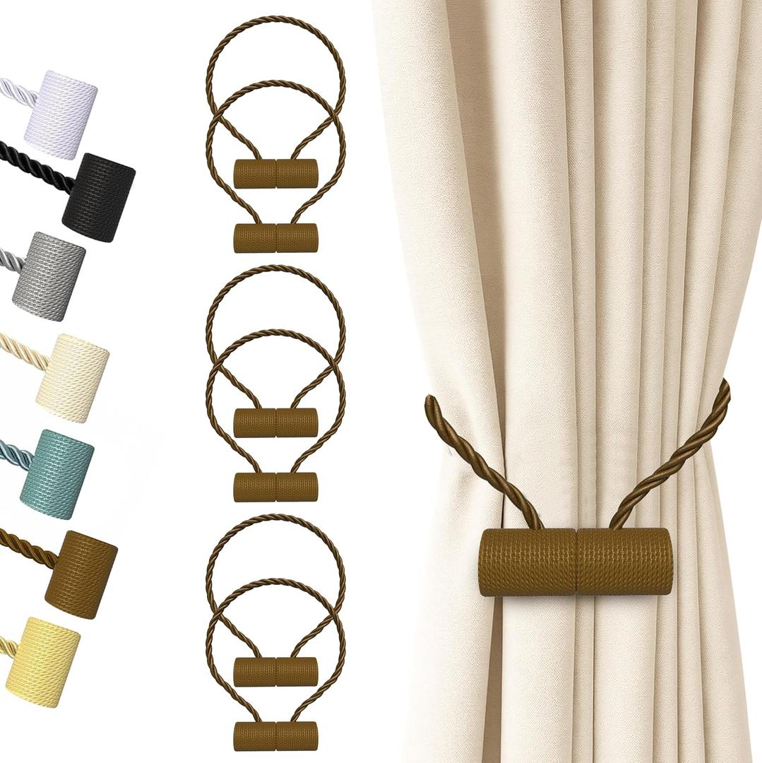 Hion Magnetic Curtain Tiebacks Dark Brown 6 Pack, Curtain Tiebacks Buckles Holdbacks Holders Hooks Clip for Home Bedroom Office Decorative Thick or Thin Curtain