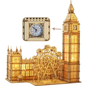 Music Park 3D Wooden Puzzles Big Ben Mechanical Real Clock with Night Light DIY Model Building Kits for Adults to Build Ferris Wheel Hobbies and Birthday Valentine's Day Gifts Home Decoration
