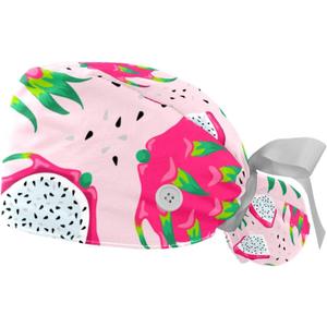 FFLOWER Aesthetic Pink Dragon Fruit Working Caps with Buttons, Long Hair Scrub Hats Ponytail Holder for Women, Multicoloured 02